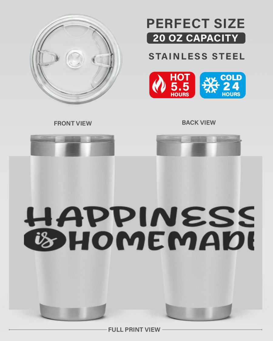 Happiness is Homemade 20oz Tumbler in stainless steel with a drink-thru lid, showcasing its sleek design and vibrant print.