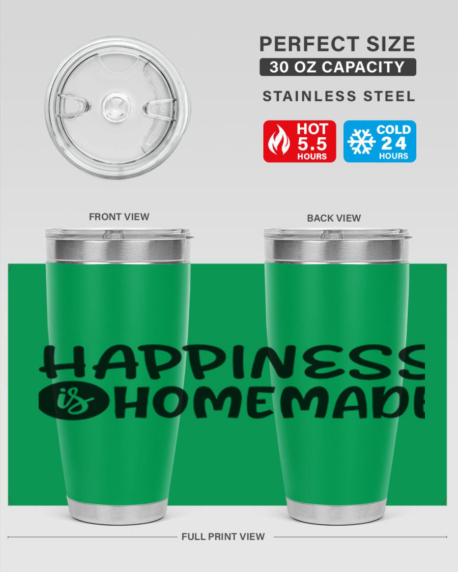 Happiness is Homemade 20oz Tumbler in stainless steel with a drink-thru lid, showcasing its sleek design and vibrant print.