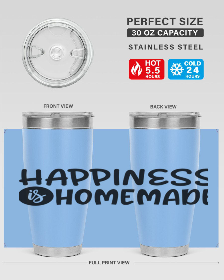 Happiness is Homemade 20oz Tumbler in stainless steel with a drink-thru lid, showcasing its sleek design and vibrant print.