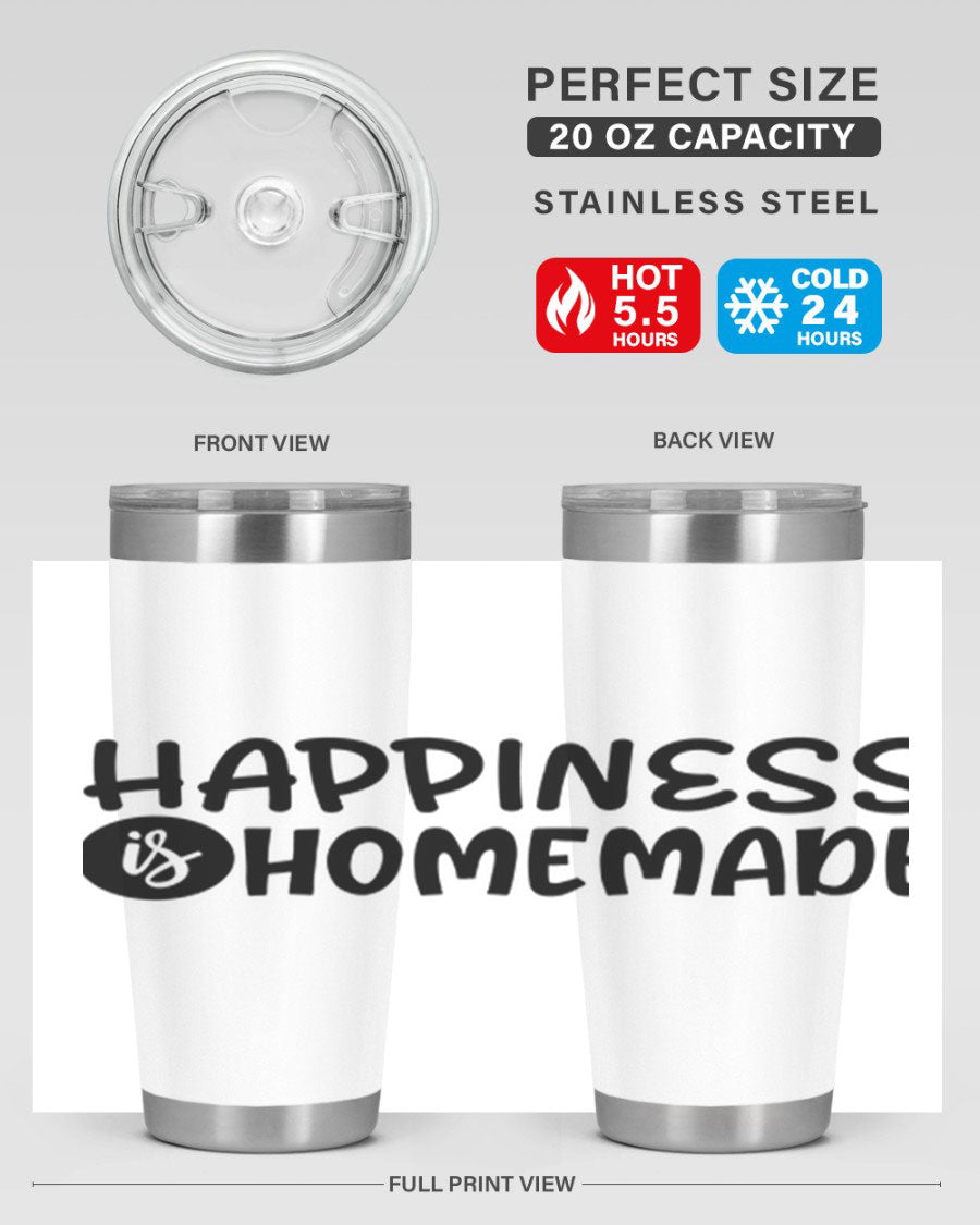 Happiness is Homemade 20oz Tumbler in stainless steel with a drink-thru lid, showcasing its sleek design and vibrant print.
