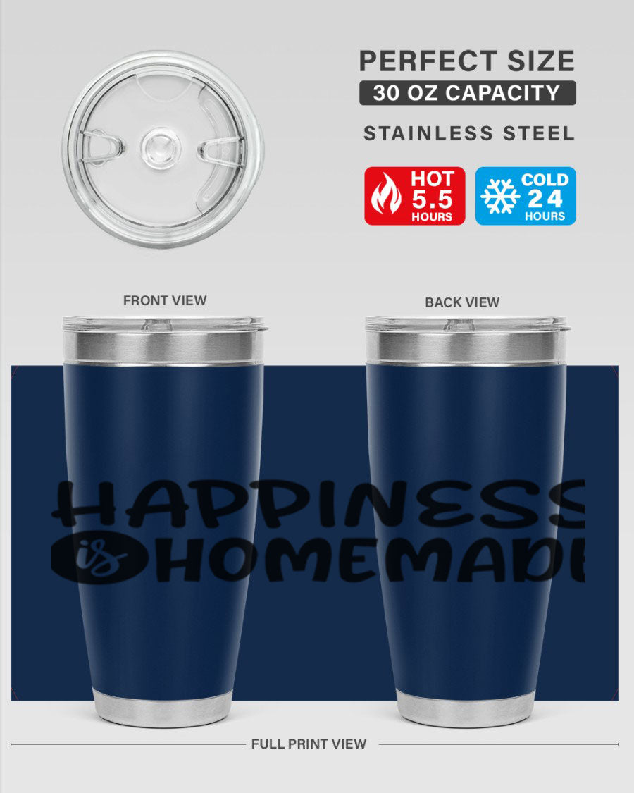 Happiness is Homemade 20oz Tumbler in stainless steel with a drink-thru lid, showcasing its sleek design and vibrant print.