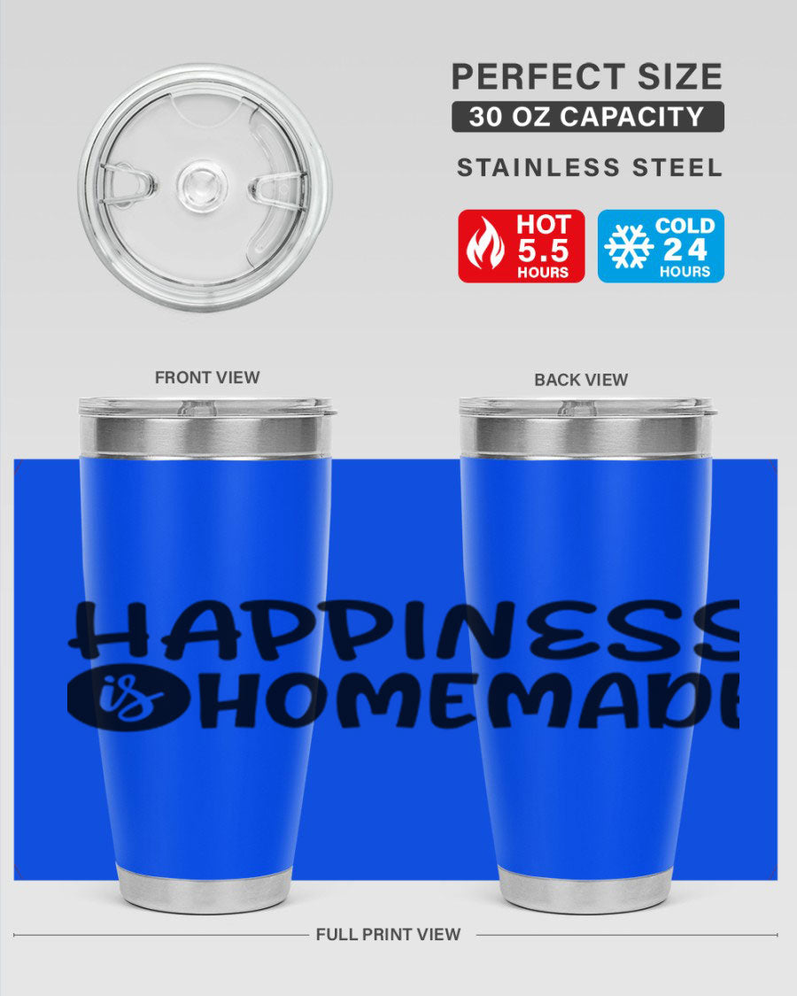 Happiness is Homemade 20oz Tumbler in stainless steel with a drink-thru lid, showcasing its sleek design and vibrant print.