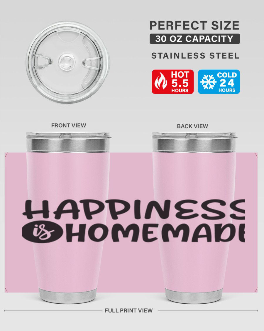 Happiness is Homemade 20oz Tumbler in stainless steel with a drink-thru lid, showcasing its sleek design and vibrant print.