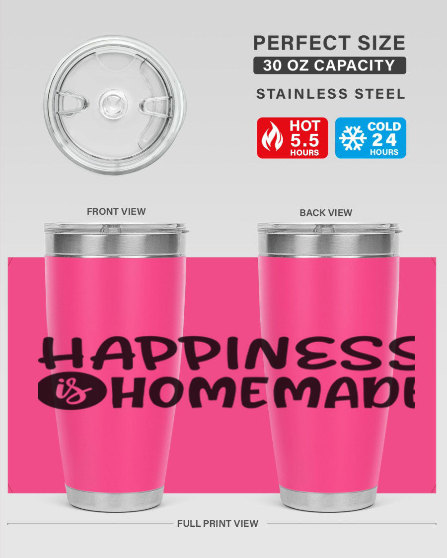 Happiness is Homemade 20oz Tumbler in stainless steel with a drink-thru lid, showcasing its sleek design and vibrant print.