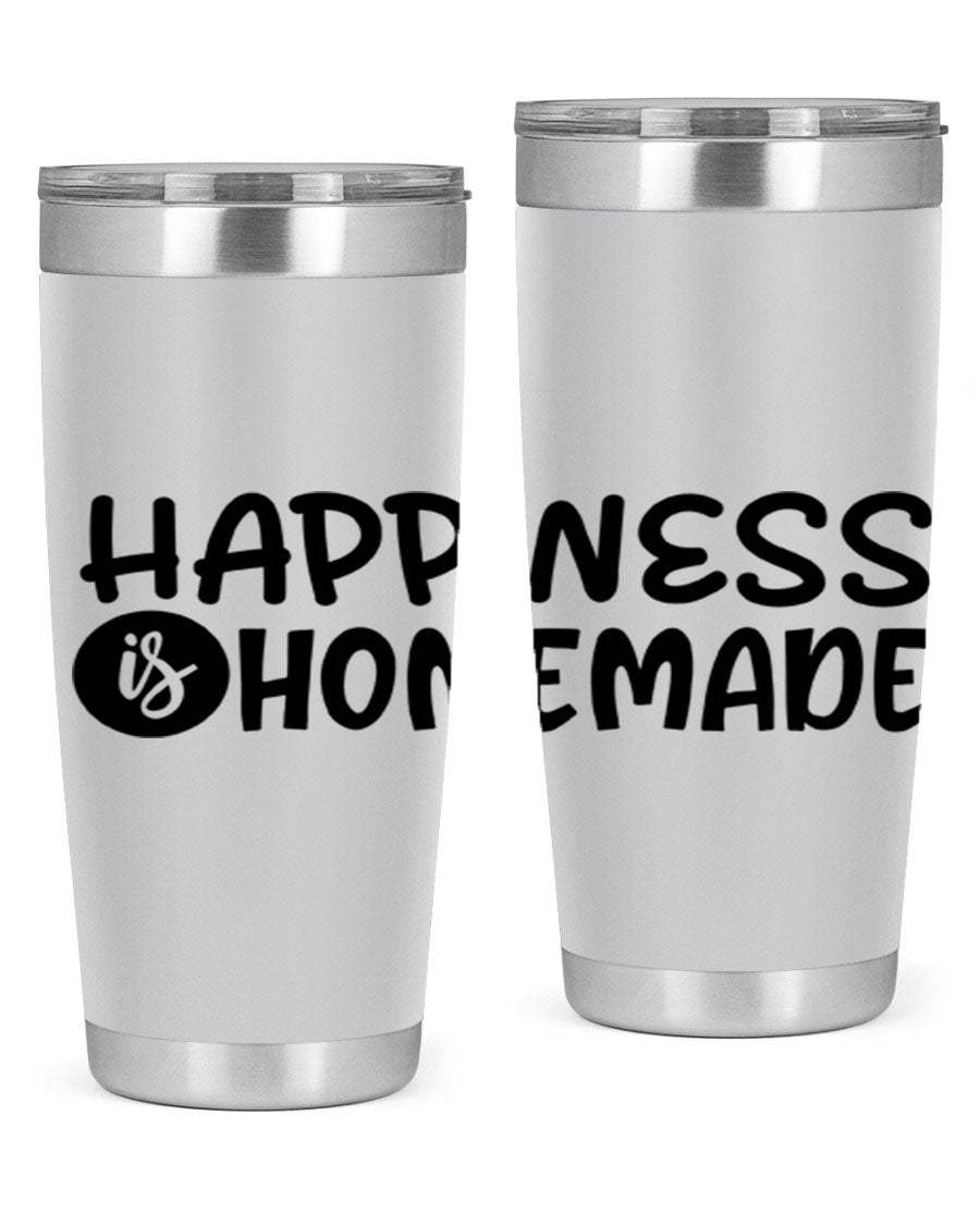 Happiness is Homemade 20oz Tumbler in stainless steel with a drink-thru lid, showcasing its sleek design and vibrant print.