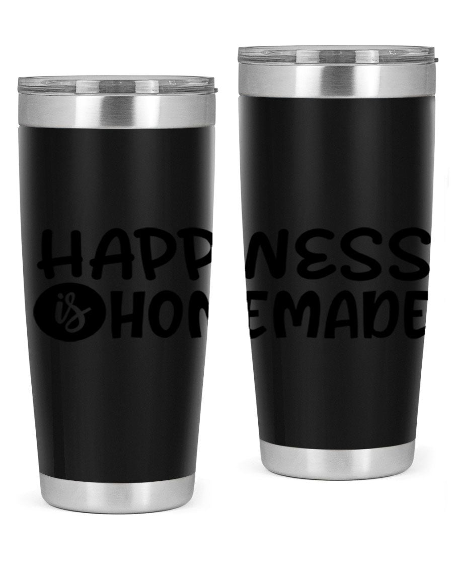 Happiness is Homemade 20oz Tumbler in stainless steel with a drink-thru lid, showcasing its sleek design and vibrant print.