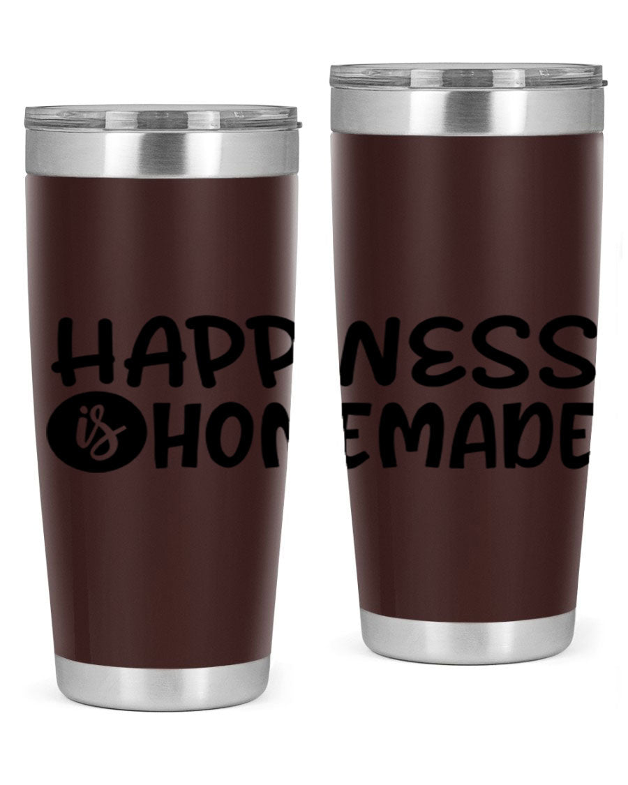 Happiness is Homemade 20oz Tumbler in stainless steel with a drink-thru lid, showcasing its sleek design and vibrant print.