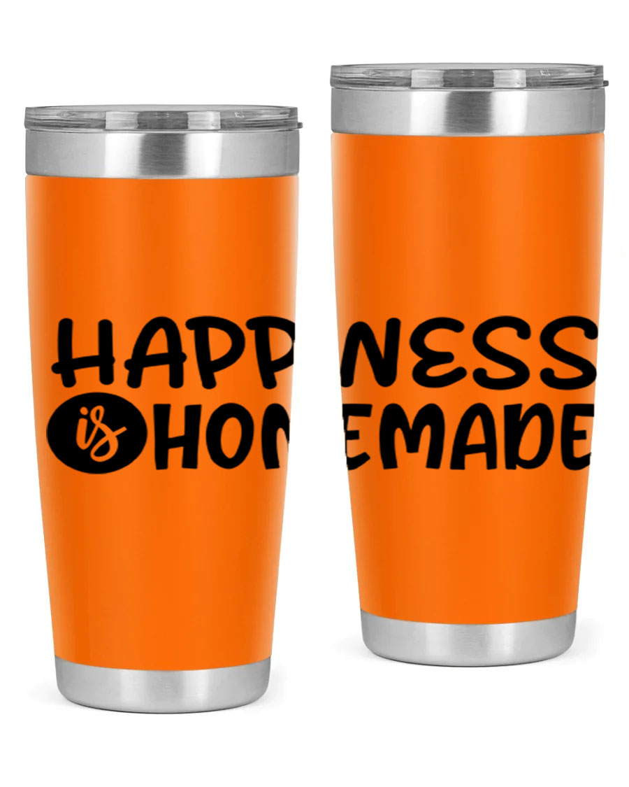 Happiness is Homemade 20oz Tumbler in stainless steel with a drink-thru lid, showcasing its sleek design and vibrant print.