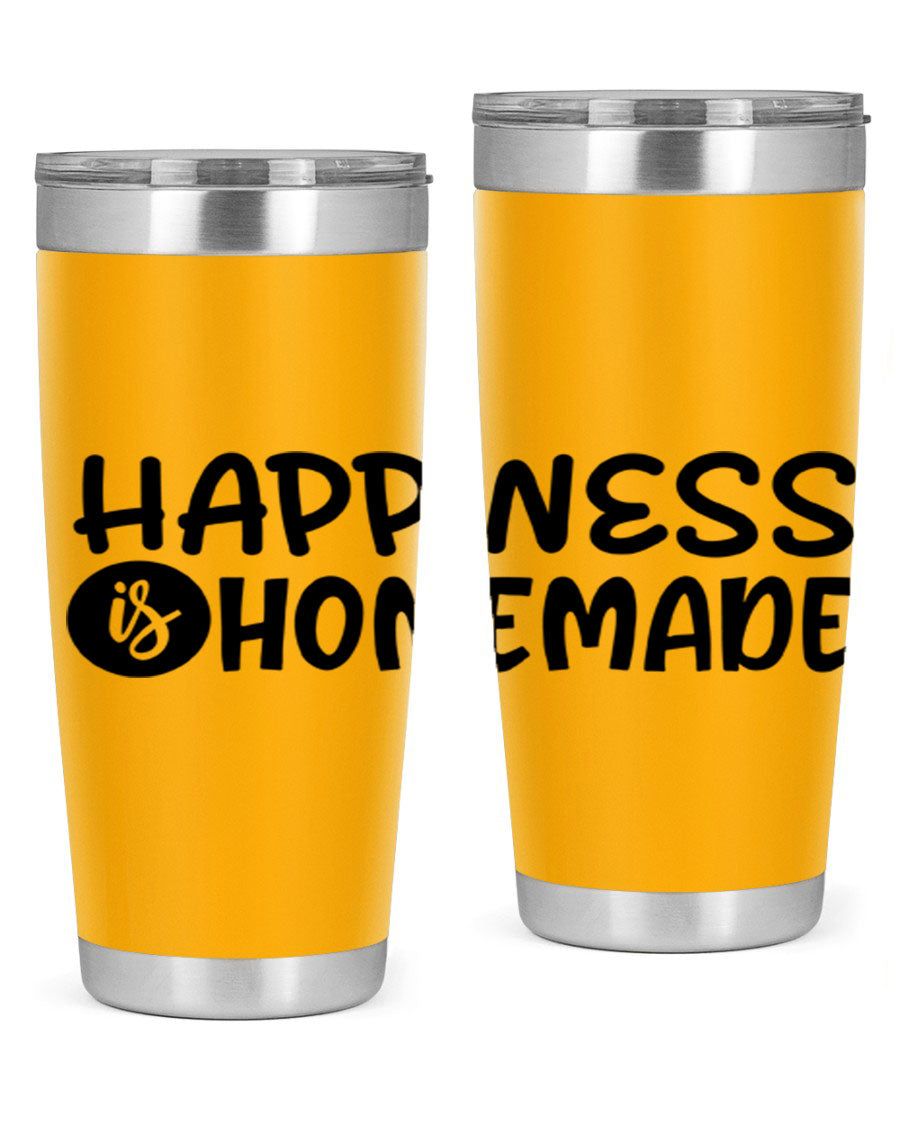 Happiness is Homemade 20oz Tumbler in stainless steel with a drink-thru lid, showcasing its sleek design and vibrant print.