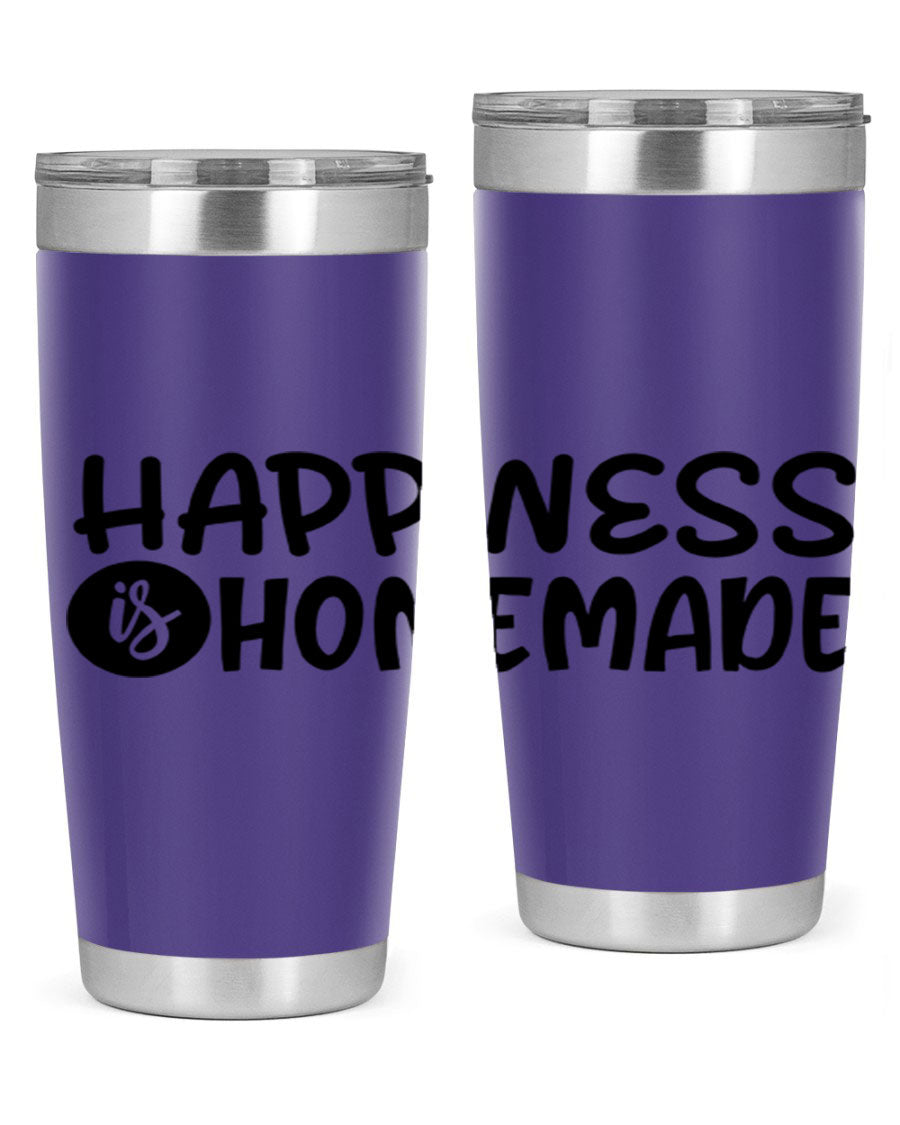 Happiness is Homemade 20oz Tumbler in stainless steel with a drink-thru lid, showcasing its sleek design and vibrant print.