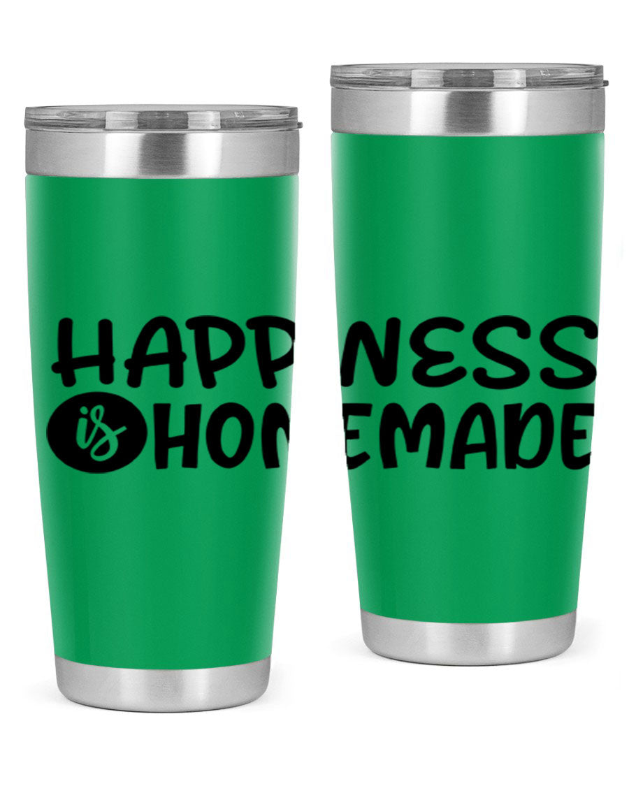 Happiness is Homemade 20oz Tumbler in stainless steel with a drink-thru lid, showcasing its sleek design and vibrant print.