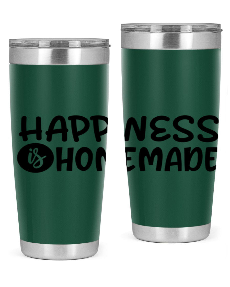 Happiness is Homemade 20oz Tumbler in stainless steel with a drink-thru lid, showcasing its sleek design and vibrant print.