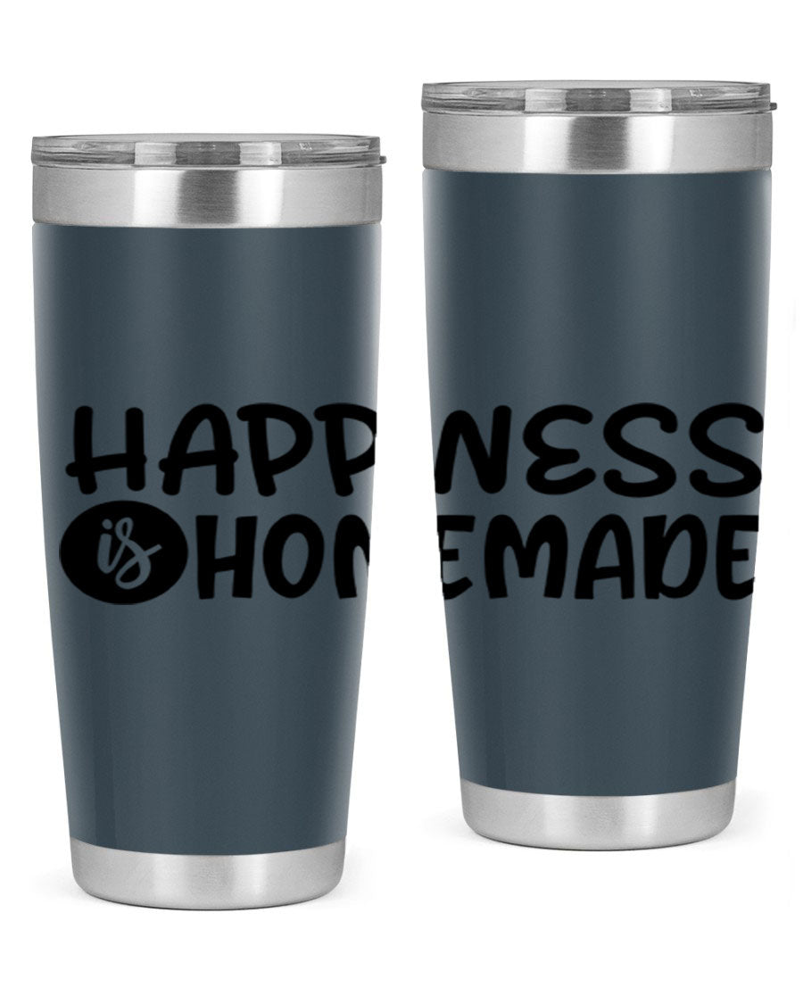 Happiness is Homemade 20oz Tumbler in stainless steel with a drink-thru lid, showcasing its sleek design and vibrant print.