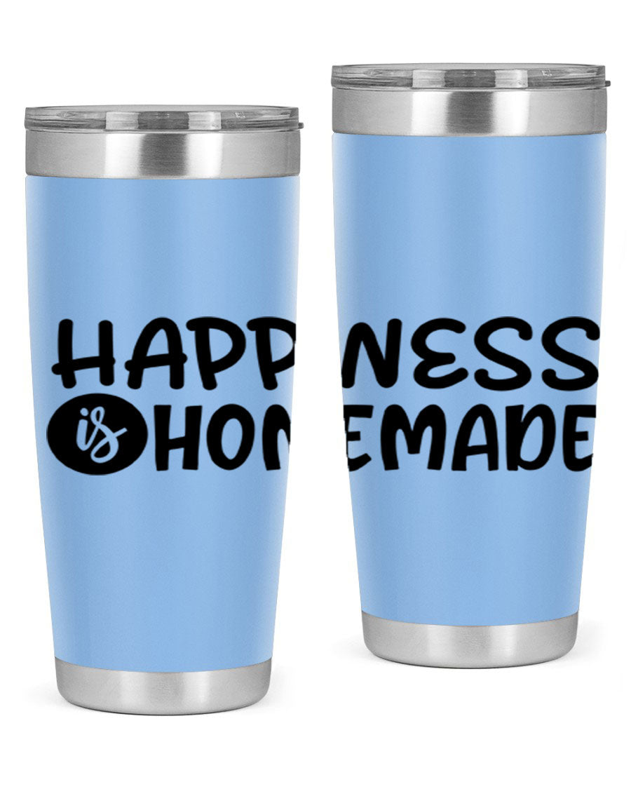 Happiness is Homemade 20oz Tumbler in stainless steel with a drink-thru lid, showcasing its sleek design and vibrant print.