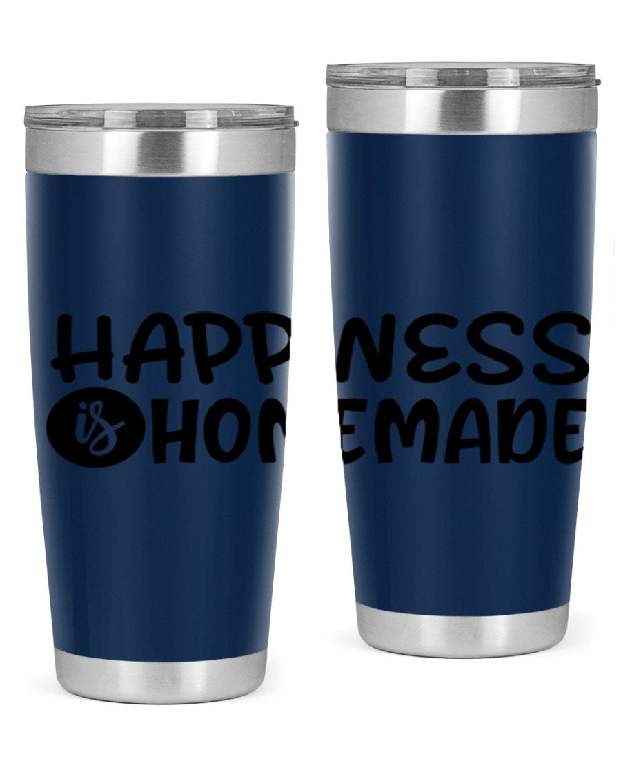 Happiness is Homemade 20oz Tumbler in stainless steel with a drink-thru lid, showcasing its sleek design and vibrant print.