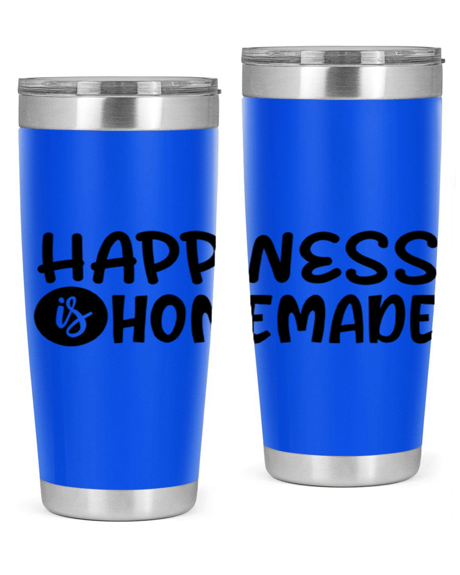 Happiness is Homemade 20oz Tumbler in stainless steel with a drink-thru lid, showcasing its sleek design and vibrant print.