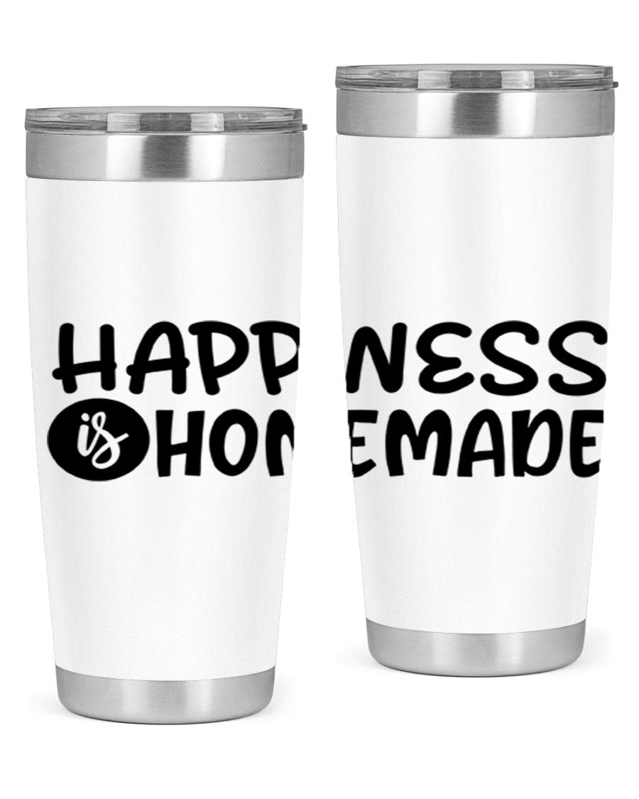 Happiness is Homemade 20oz Tumbler in stainless steel with a drink-thru lid, showcasing its sleek design and vibrant print.