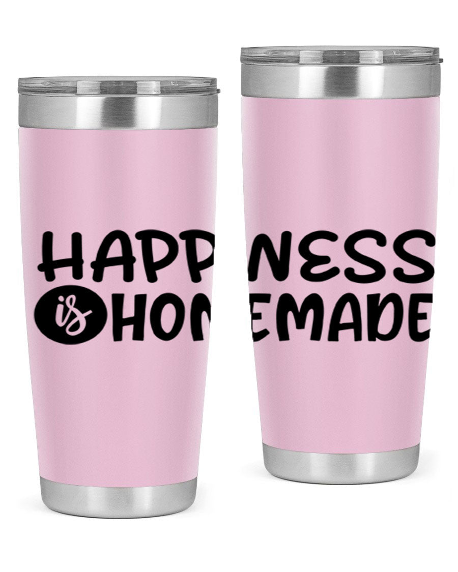 Happiness is Homemade 20oz Tumbler in stainless steel with a drink-thru lid, showcasing its sleek design and vibrant print.