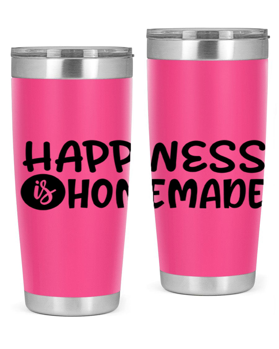 Happiness is Homemade 20oz Tumbler in stainless steel with a drink-thru lid, showcasing its sleek design and vibrant print.