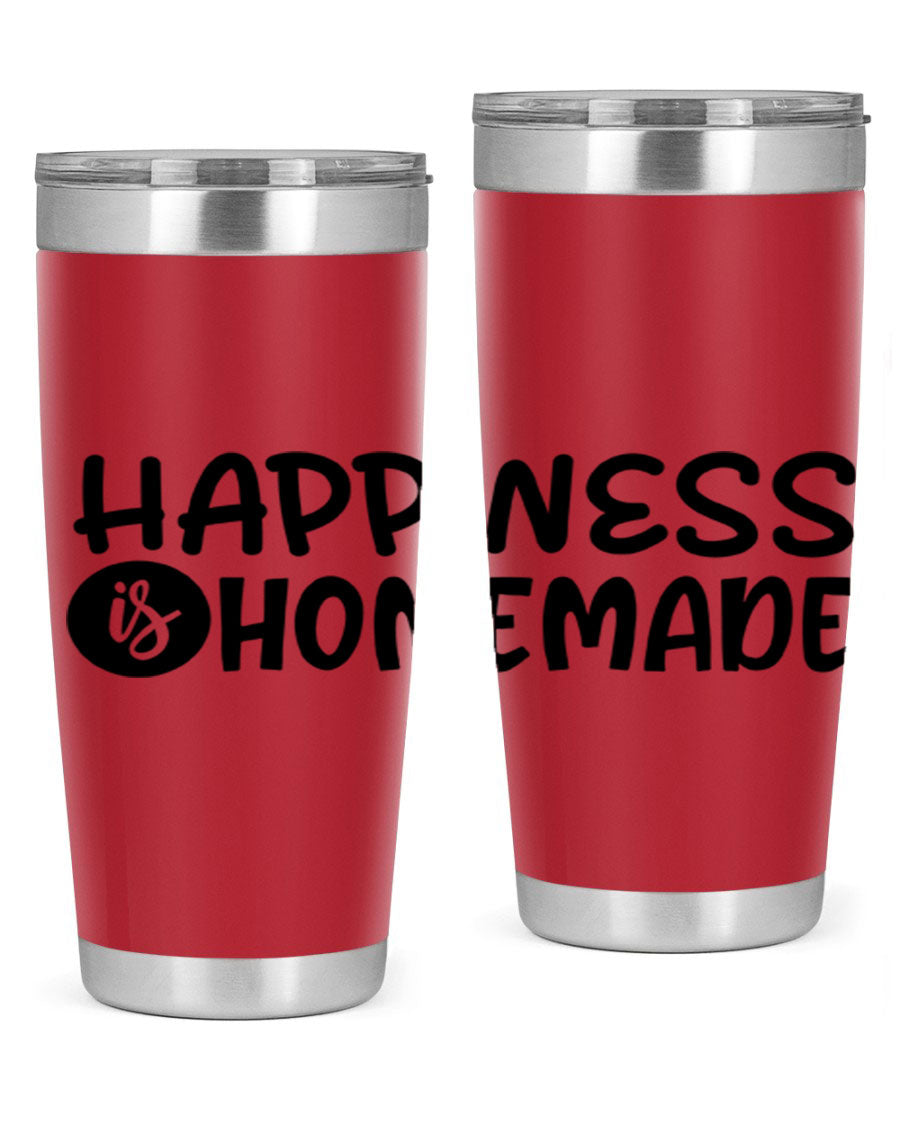Happiness is Homemade 20oz Tumbler in stainless steel with a drink-thru lid, showcasing its sleek design and vibrant print.
