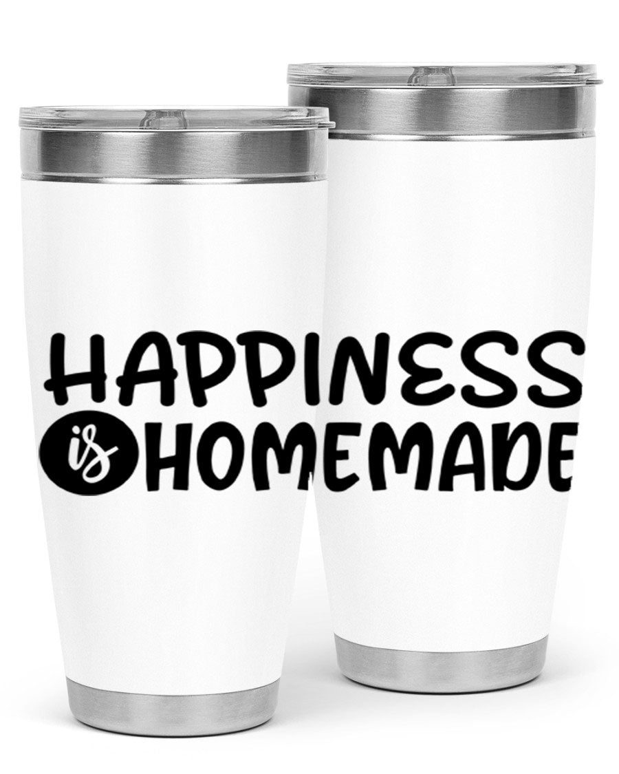 Happiness is Homemade 20oz Tumbler in stainless steel with a drink-thru lid, showcasing its sleek design and vibrant print.