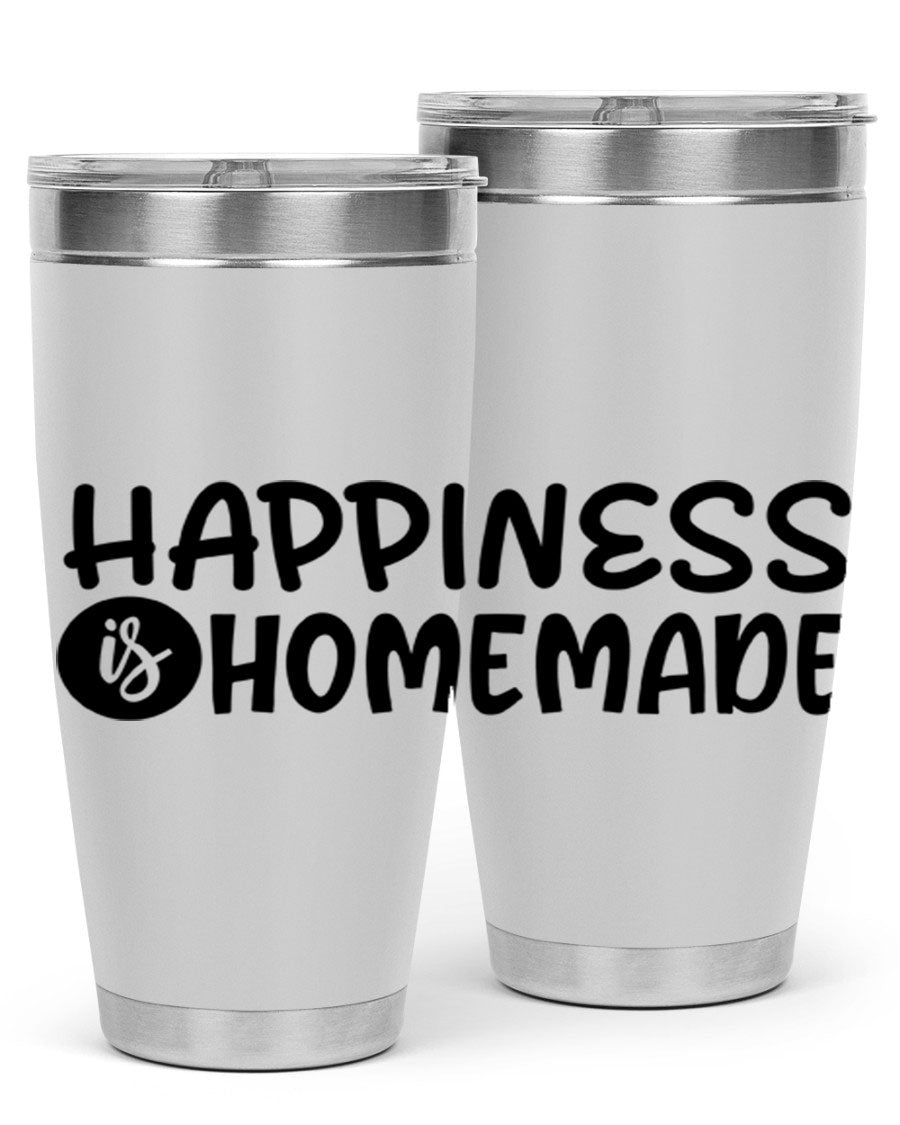Happiness is Homemade 20oz Tumbler in stainless steel with a drink-thru lid, showcasing its sleek design and vibrant print.