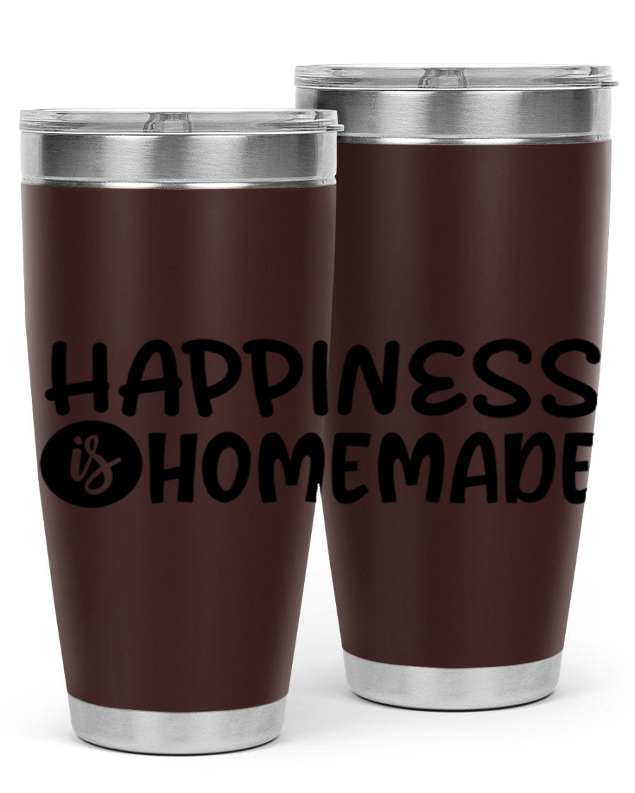 Happiness is Homemade 20oz Tumbler in stainless steel with a drink-thru lid, showcasing its sleek design and vibrant print.
