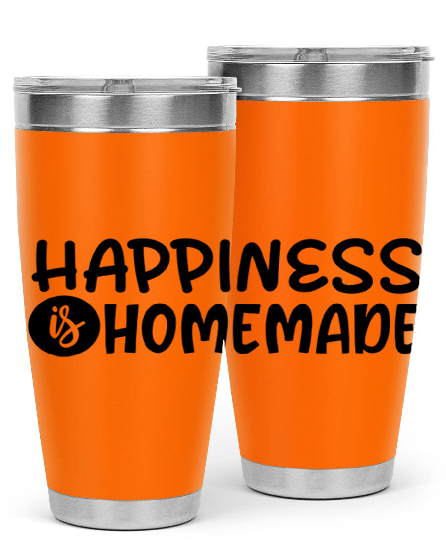 Happiness is Homemade 20oz Tumbler in stainless steel with a drink-thru lid, showcasing its sleek design and vibrant print.