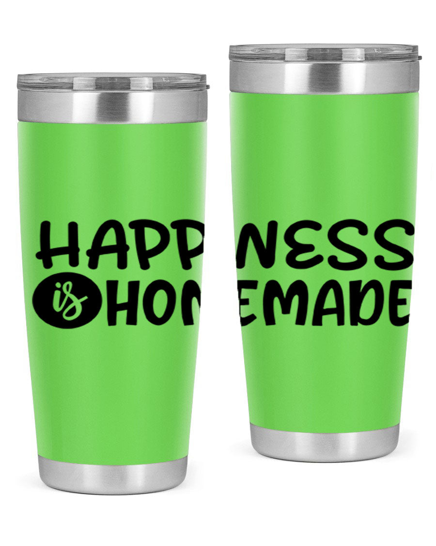 Happiness is Homemade 20oz Tumbler in stainless steel with a drink-thru lid, showcasing its sleek design and vibrant print.