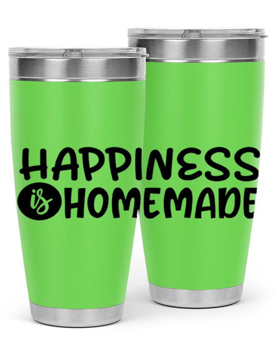 Happiness is Homemade 20oz Tumbler in stainless steel with a drink-thru lid, showcasing its sleek design and vibrant print.