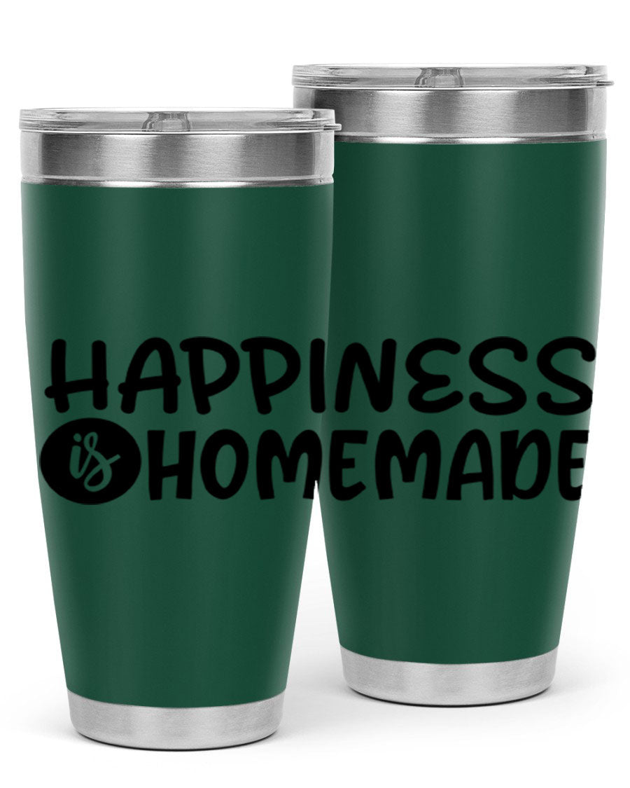 Happiness is Homemade 20oz Tumbler in stainless steel with a drink-thru lid, showcasing its sleek design and vibrant print.