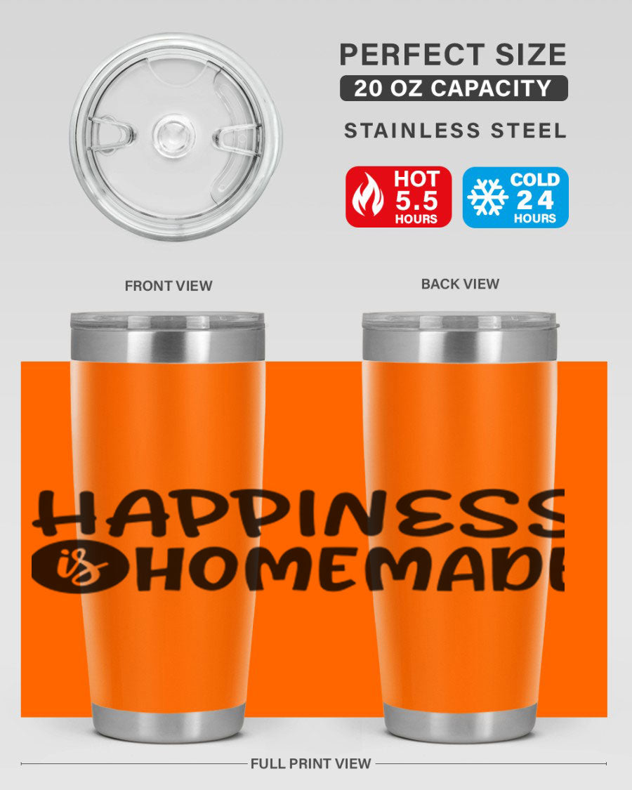 Happiness is Homemade 20oz Tumbler in stainless steel with a drink-thru lid, showcasing its sleek design and vibrant print.