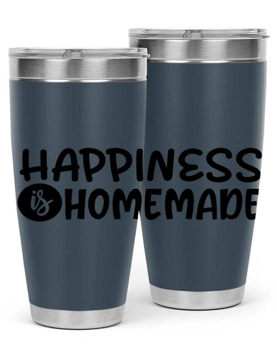 Happiness is Homemade 20oz Tumbler in stainless steel with a drink-thru lid, showcasing its sleek design and vibrant print.