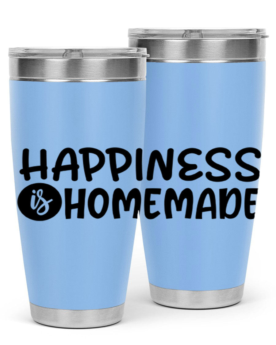 Happiness is Homemade 20oz Tumbler in stainless steel with a drink-thru lid, showcasing its sleek design and vibrant print.