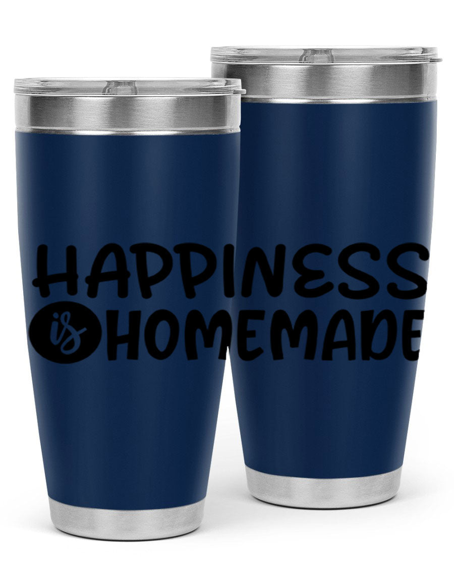 Happiness is Homemade 20oz Tumbler in stainless steel with a drink-thru lid, showcasing its sleek design and vibrant print.
