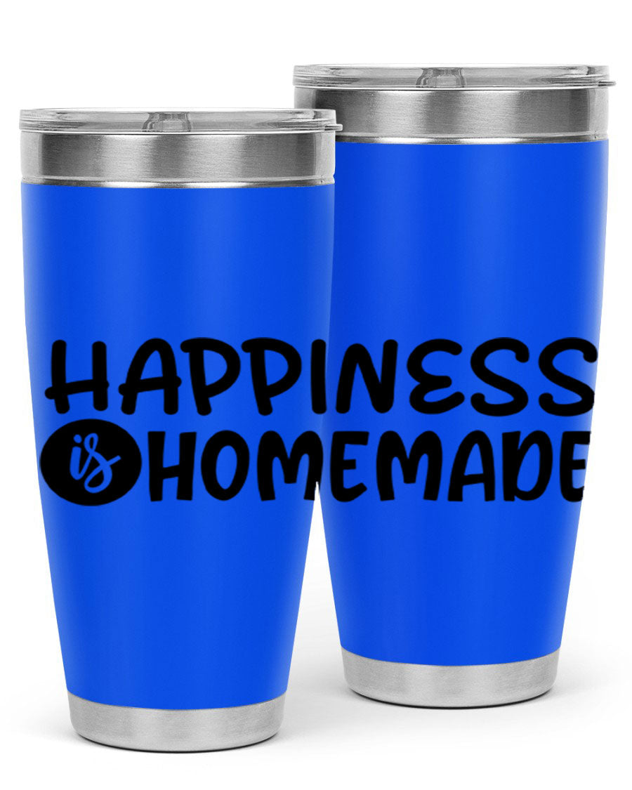 Happiness is Homemade 20oz Tumbler in stainless steel with a drink-thru lid, showcasing its sleek design and vibrant print.