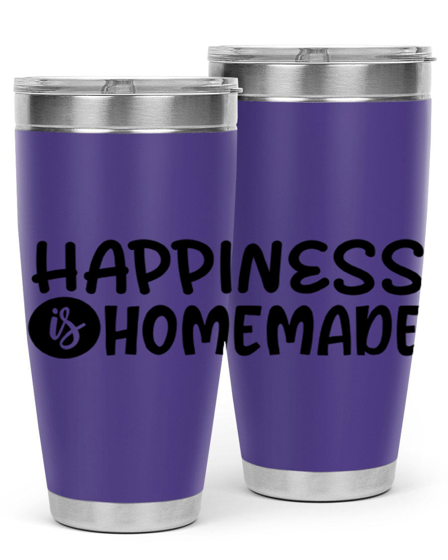 Happiness is Homemade 20oz Tumbler in stainless steel with a drink-thru lid, showcasing its sleek design and vibrant print.
