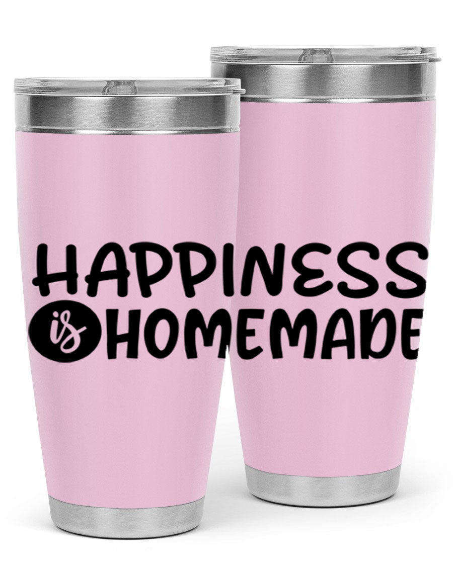 Happiness is Homemade 20oz Tumbler in stainless steel with a drink-thru lid, showcasing its sleek design and vibrant print.