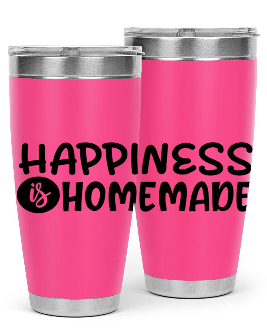 Happiness is Homemade 20oz Tumbler in stainless steel with a drink-thru lid, showcasing its sleek design and vibrant print.