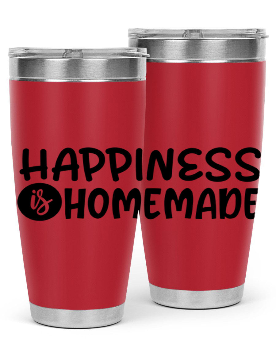 Happiness is Homemade 20oz Tumbler in stainless steel with a drink-thru lid, showcasing its sleek design and vibrant print.