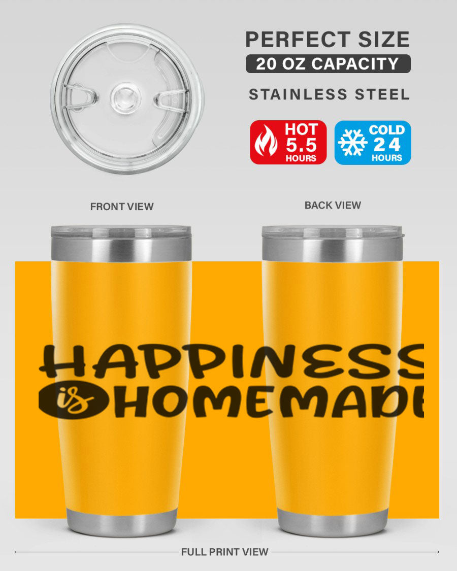 Happiness is Homemade 20oz Tumbler in stainless steel with a drink-thru lid, showcasing its sleek design and vibrant print.