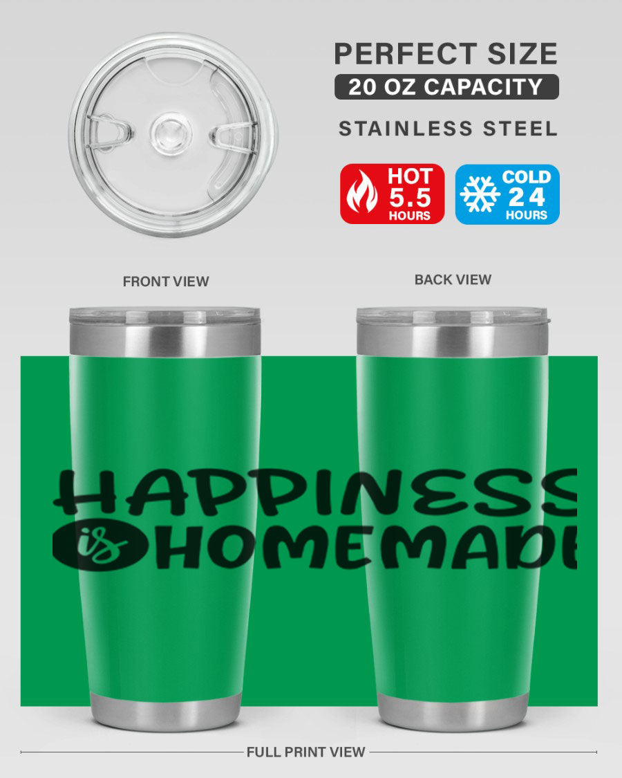 Happiness is Homemade 20oz Tumbler in stainless steel with a drink-thru lid, showcasing its sleek design and vibrant print.