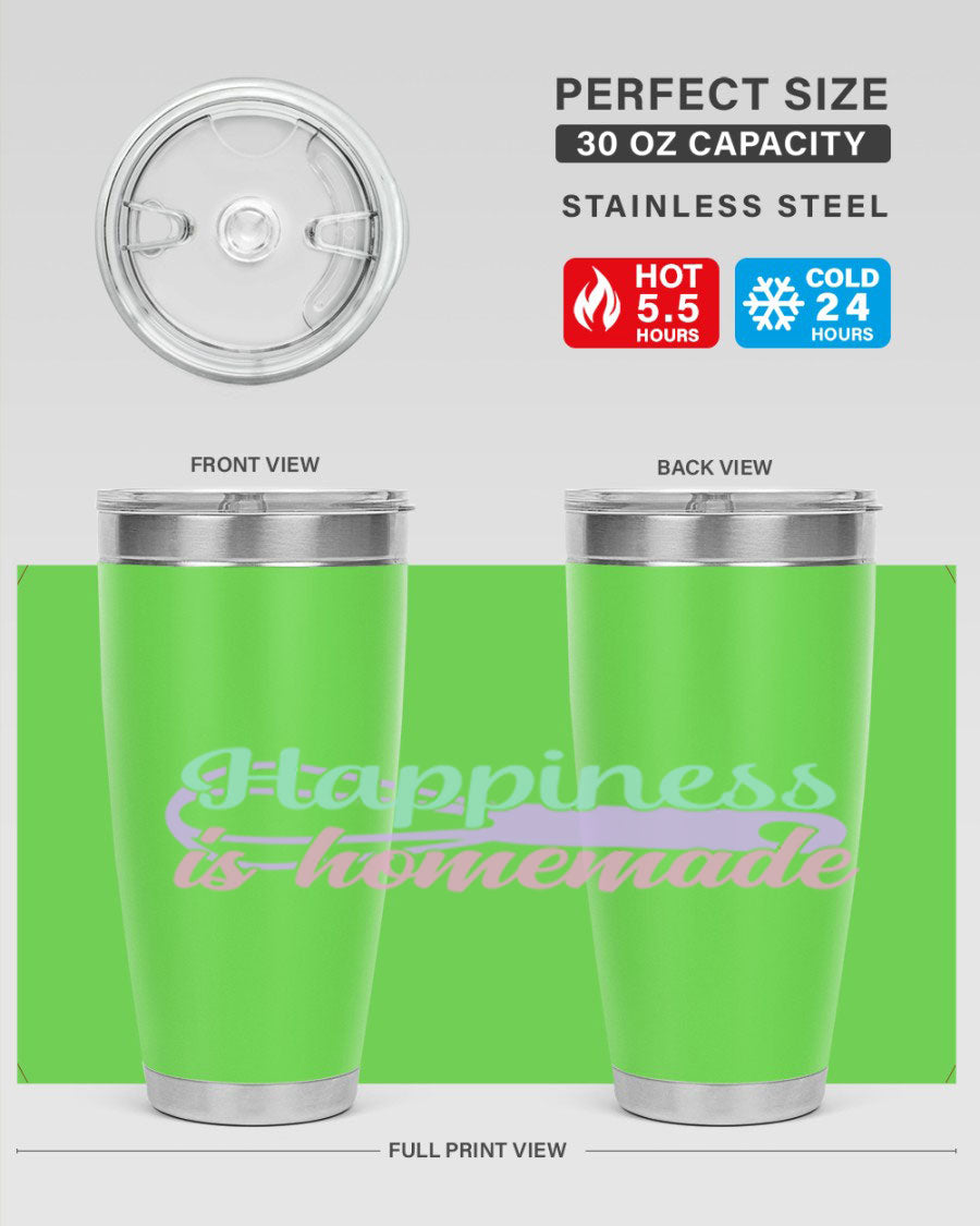 Happiness is Homemade 41# Tumbler in stainless steel with a drink-thru lid, showcasing its sleek design and double wall insulation.