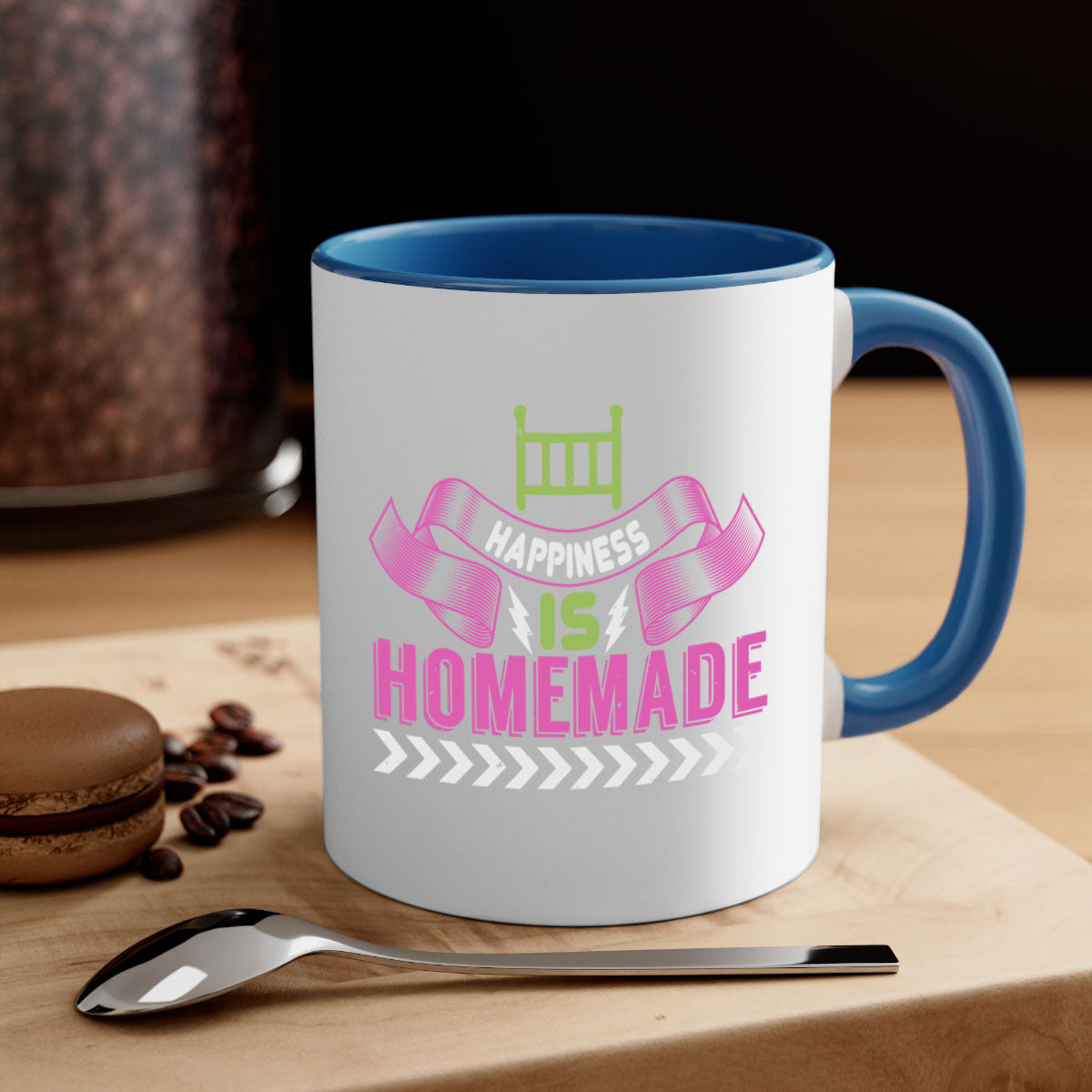 Happiness is Homemade Style 262# Mug featuring a glossy finish, colored handle, and interior in five vibrant colors.