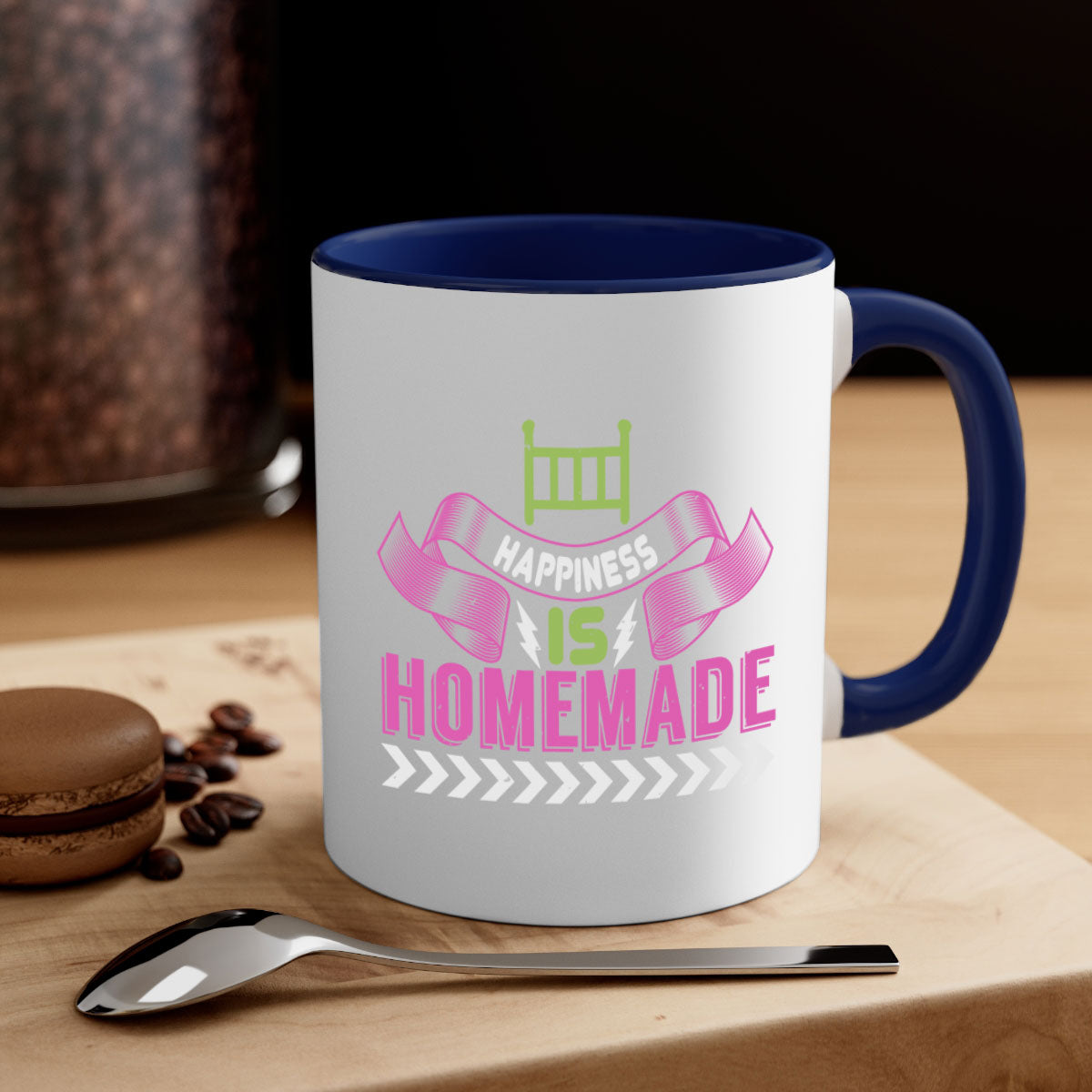 Happiness is Homemade Style 262# Mug featuring a glossy finish, colored handle, and interior in five vibrant colors.
