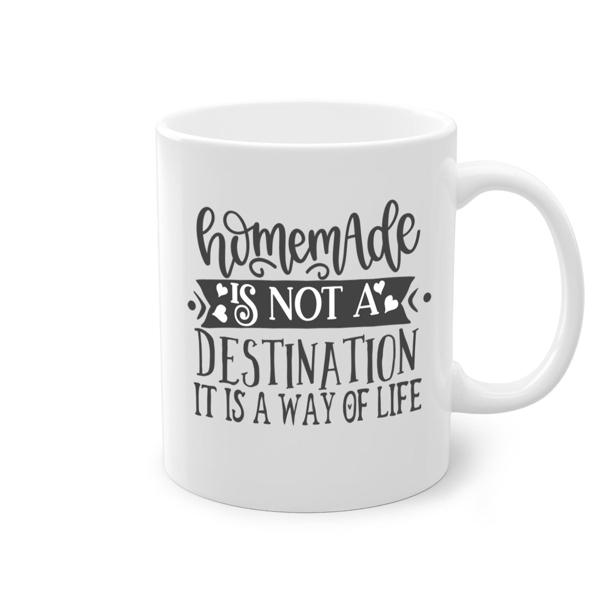 A stylish two-tone ceramic mug with a glossy finish, featuring the phrase 'Happiness Is Not a Destination' in a vibrant design, available in multiple colors.