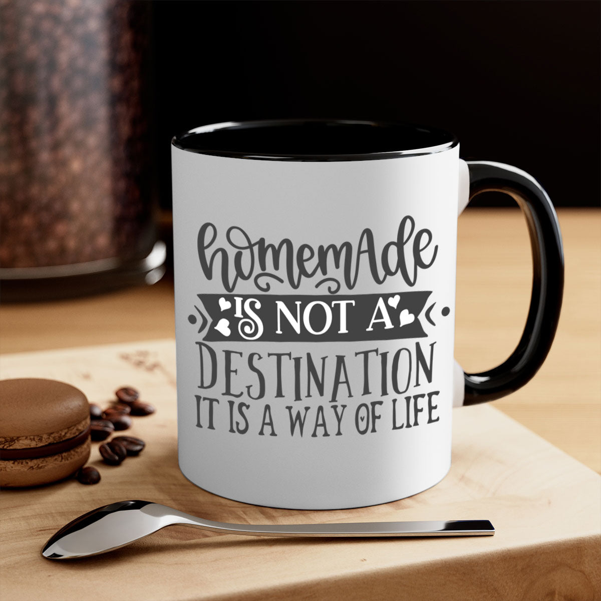 A stylish two-tone ceramic mug with a glossy finish, featuring the phrase 'Happiness Is Not a Destination' in a vibrant design, available in multiple colors.