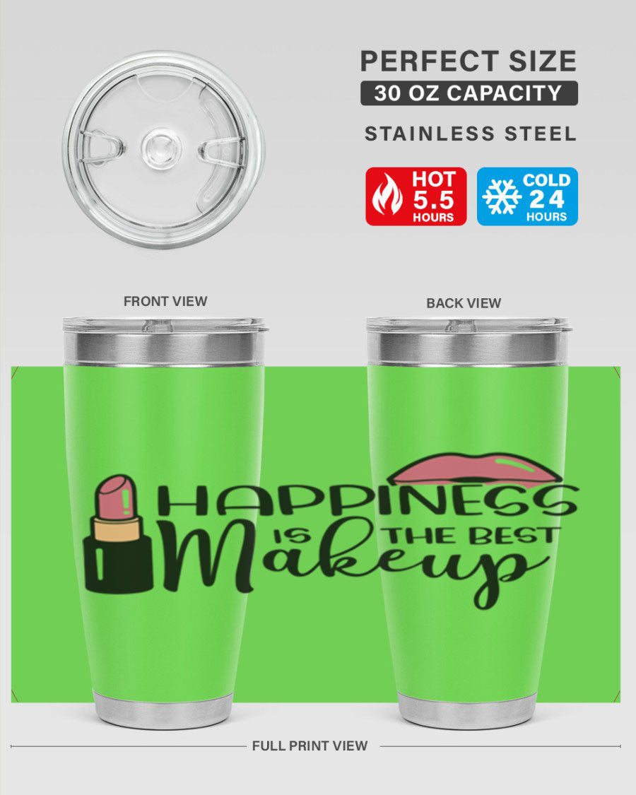 Happiness Is The Best Makeup Style 93# tumbler featuring a stylish design, double wall vacuum stainless steel construction, and a drink-thru lid.