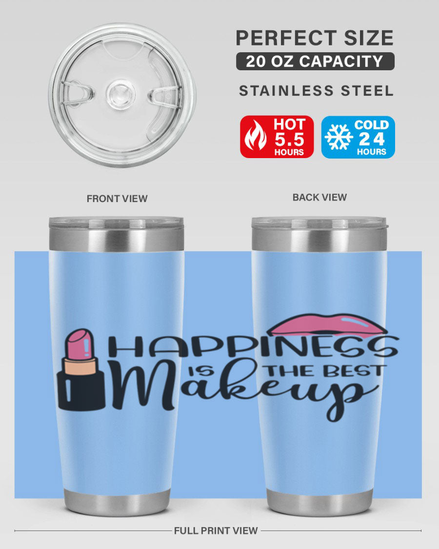 Happiness Is The Best Makeup Style 93# tumbler featuring a stylish design, double wall vacuum stainless steel construction, and a drink-thru lid.