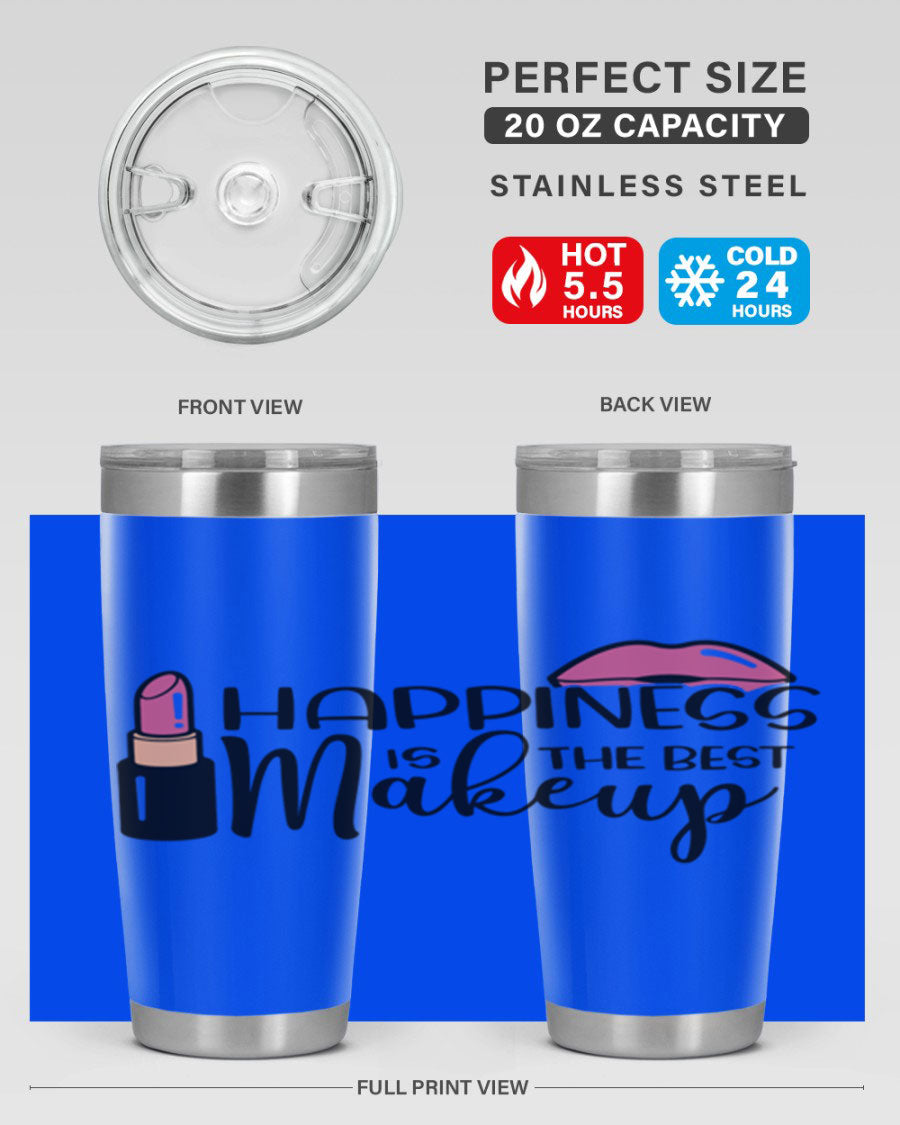 Happiness Is The Best Makeup Style 93# tumbler featuring a stylish design, double wall vacuum stainless steel construction, and a drink-thru lid.